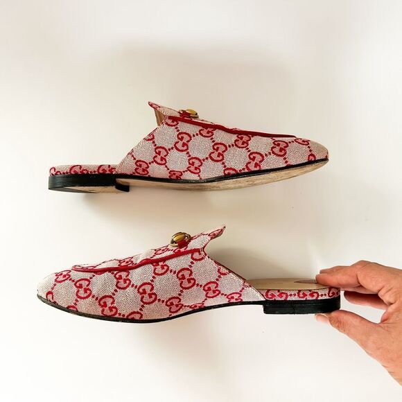 Gucci Princetown Mules GG Red Canvas Horsebit Loafer Size 39.5, 9.5 - Picture 5 of 13
